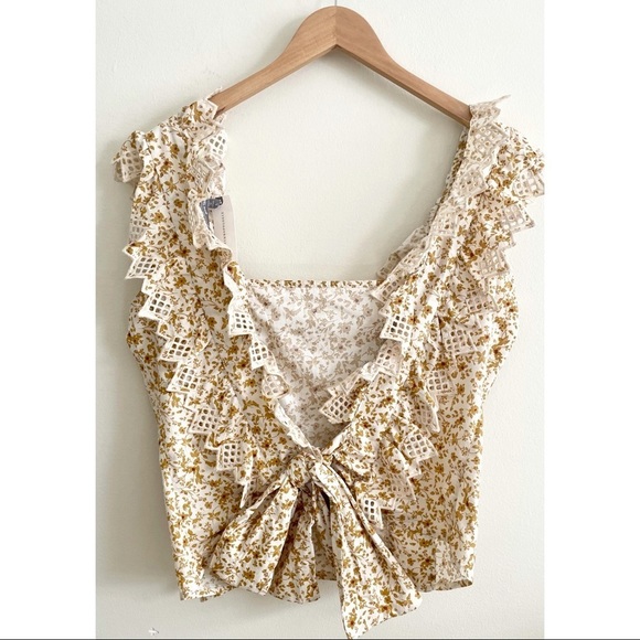 Anthropologie Trina Bow Blouse Bohemian Floral Summer Ruffle New Large - Picture 5 of 8